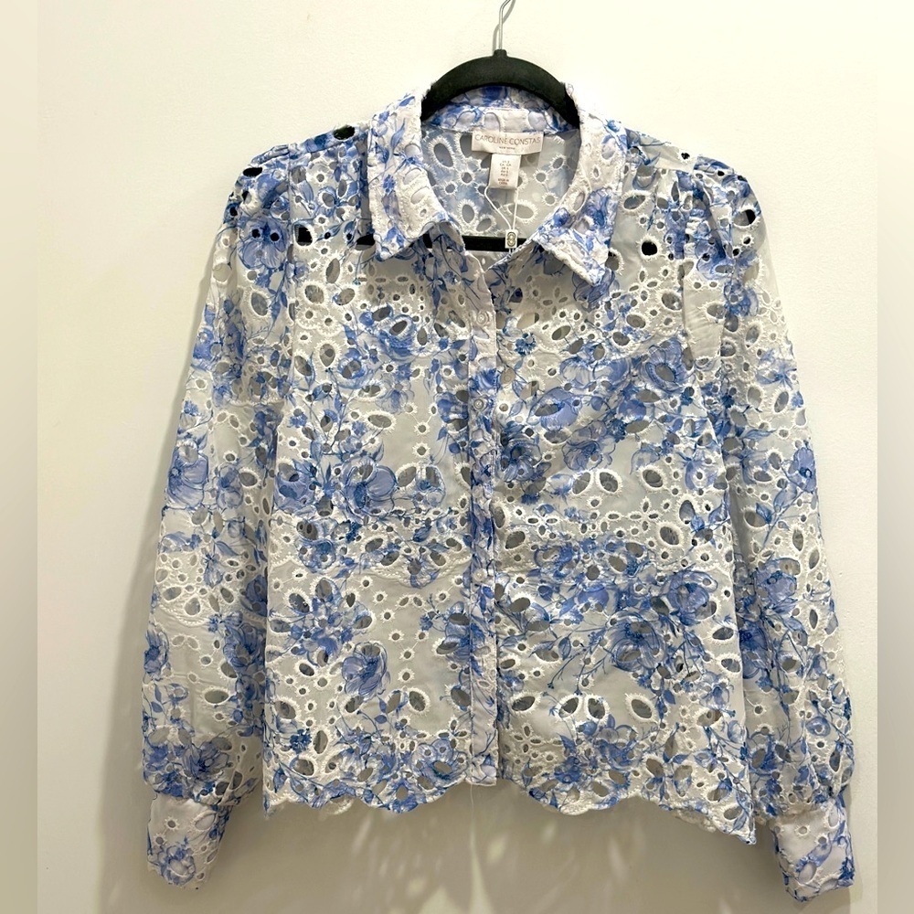 Caroline‎ Constas eyelet white and blue floral top NWT size small